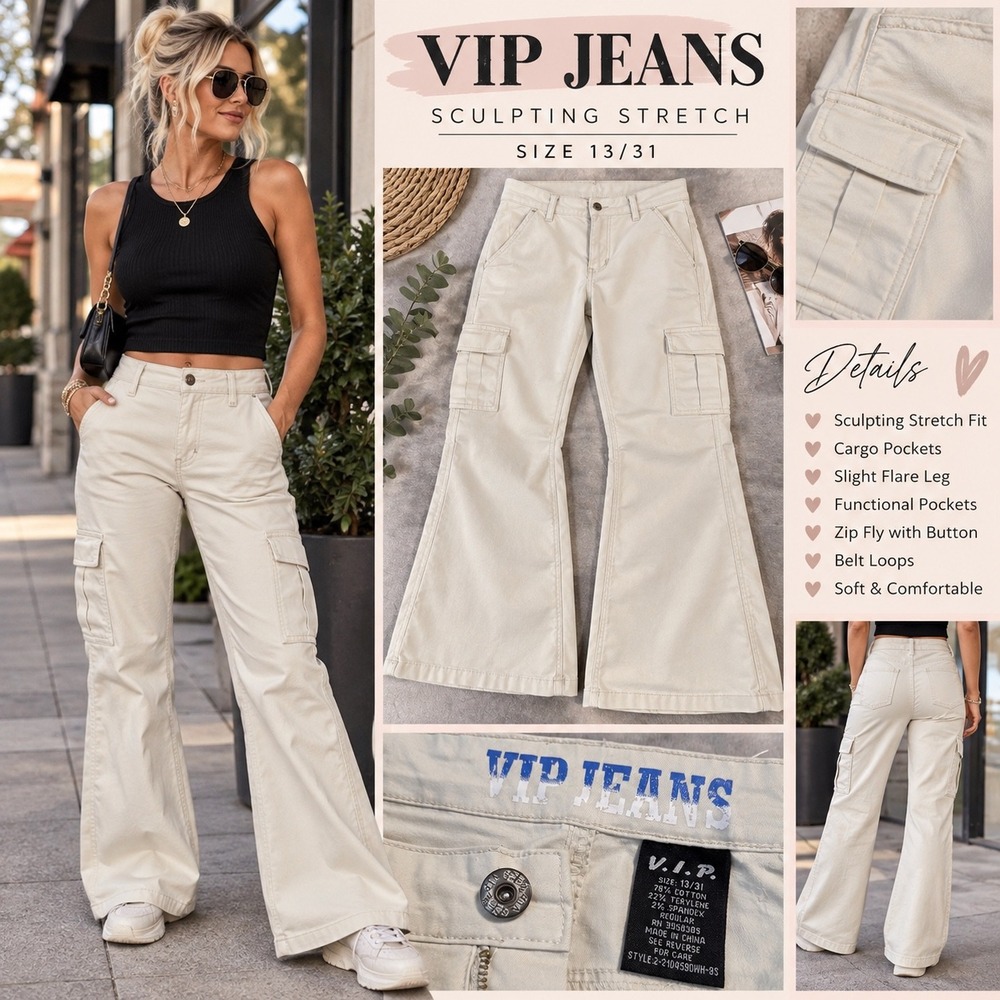 VIP Jeans Cargo Pants Womens 13/31 Ivory Sculpting Stretch Flare Y2K NWT